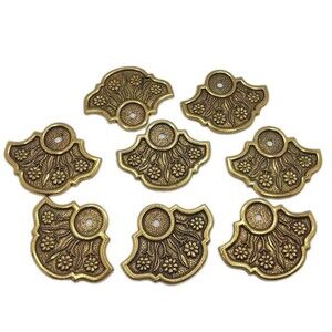 Lot of 8 Vintage Keeler Antique Brass Drawer Pull Backplates Floral Design NOS